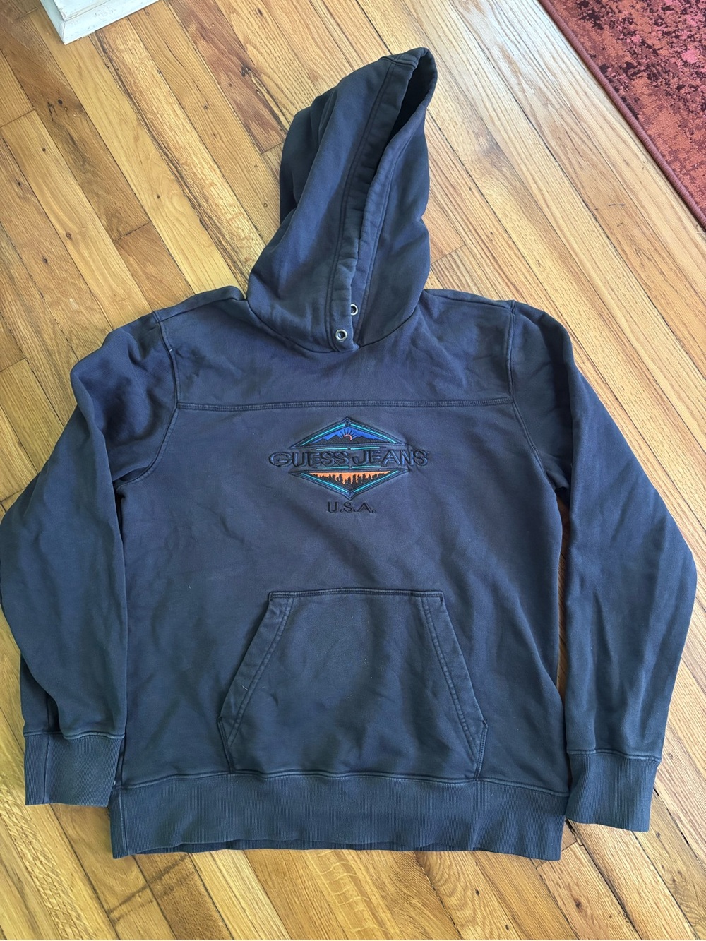 Vintage Guess Navy Blue Pullover Hoodie with Embroidered Logo